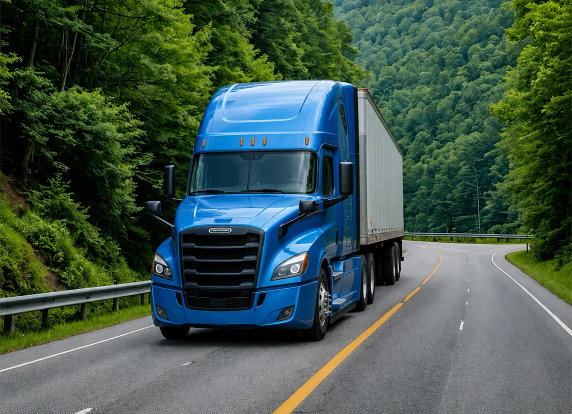 Freight truck on a forested route illustrating efficient logistics planning